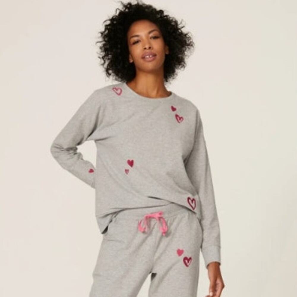 BedHead Pajamas Gray Mon Amour Heart Print Organic Cotton Sweatshirt Size S